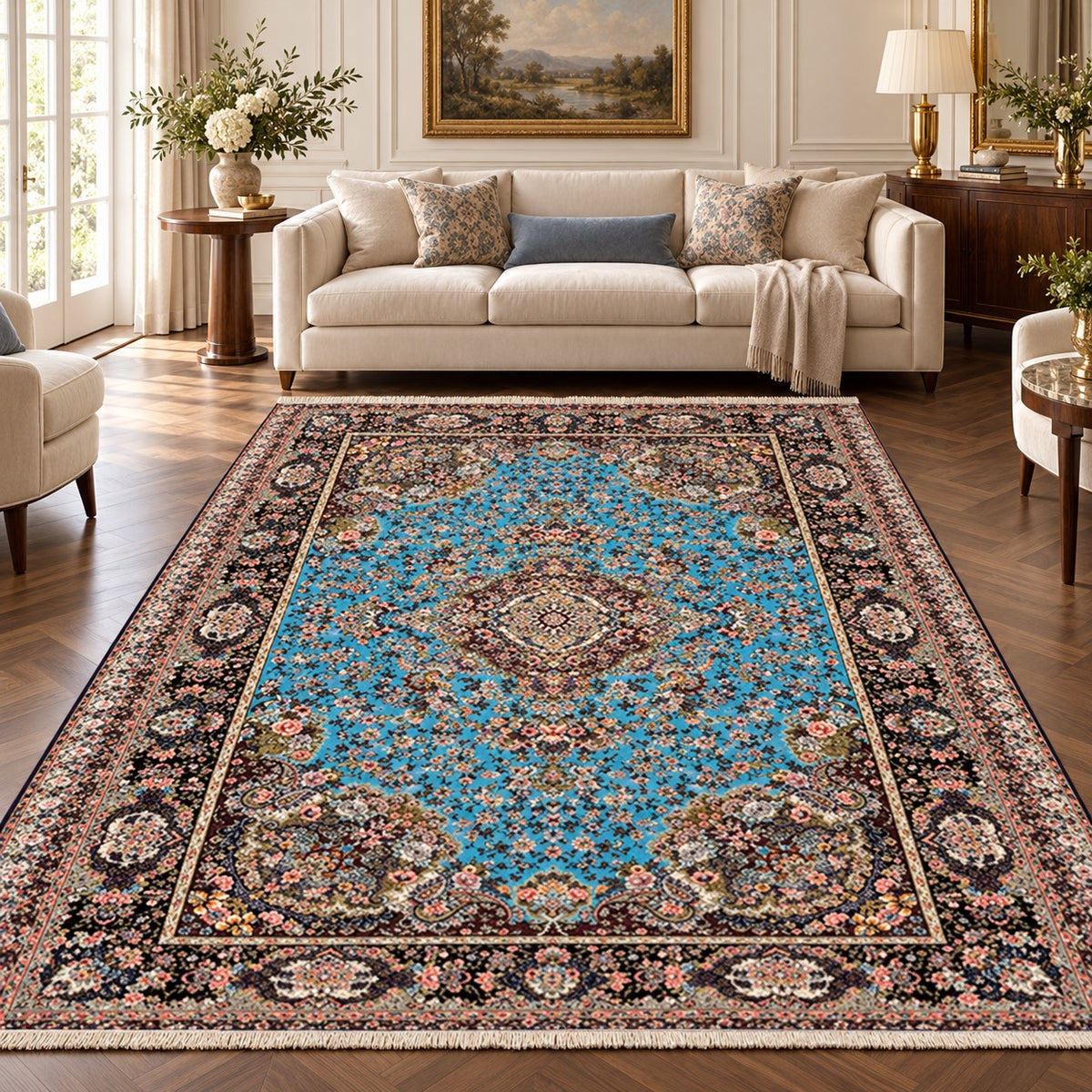 Khatibi turquoise Persian rug with dark floral border in a digitally staged modern-classic living room