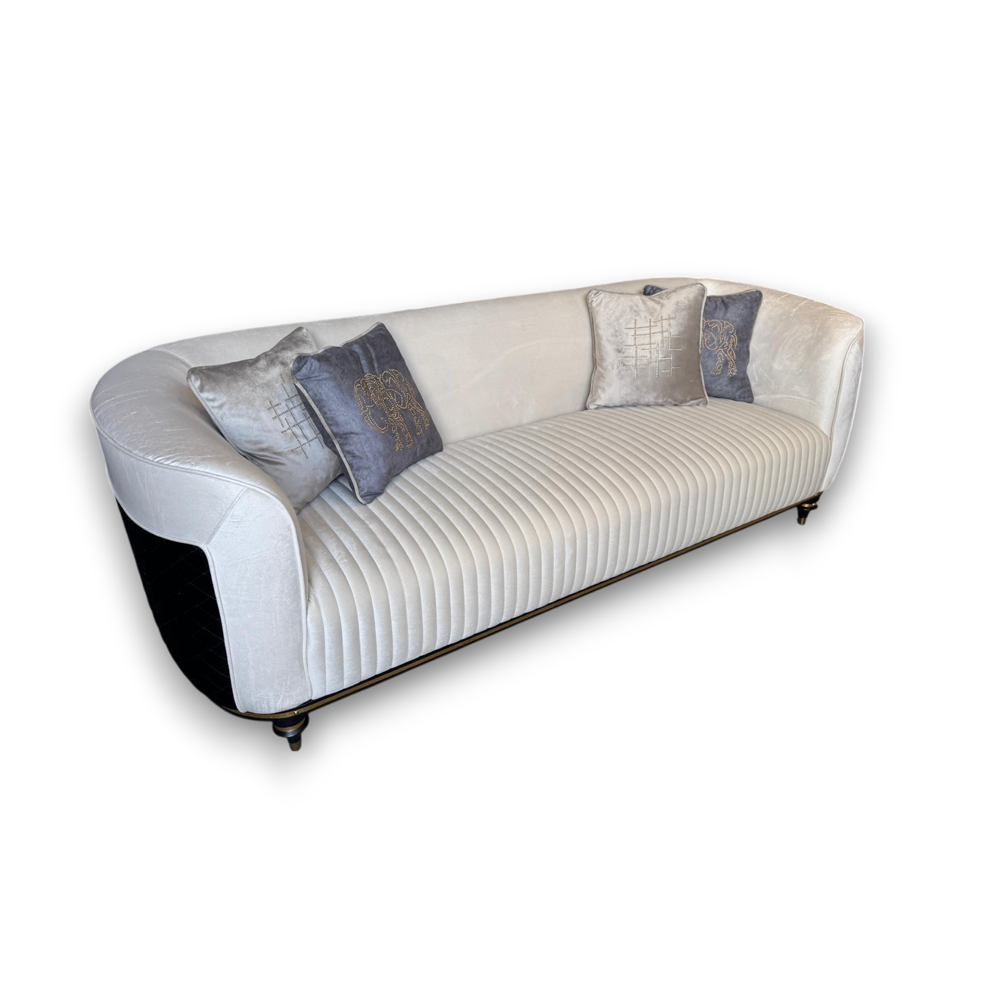 White sofa with decorative pillows on a white background