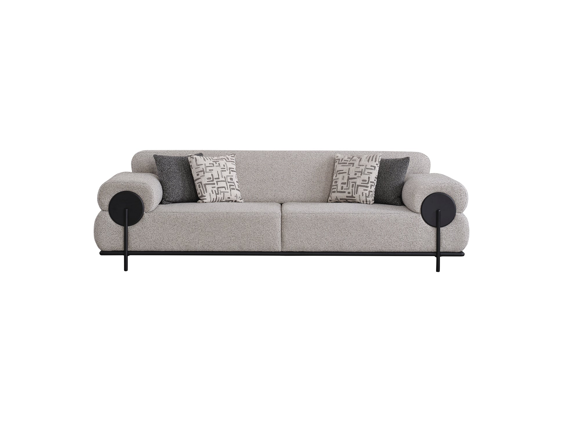 Gray sofa with decorative cushions on a white background
