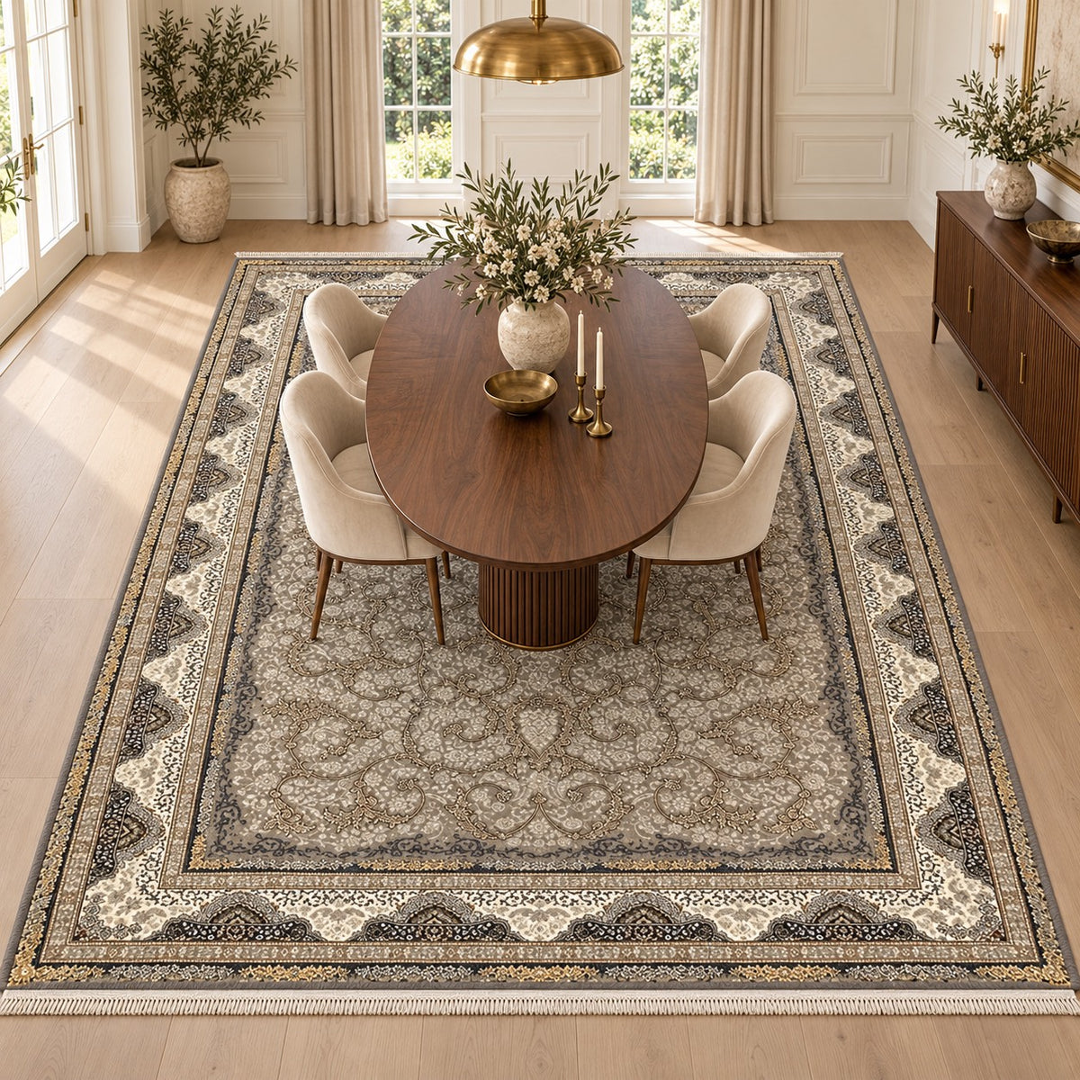 Lotoos taupe-grey Persian rug with scrolling floral pattern beneath a walnut table in a digitally staged modern-classic dining room