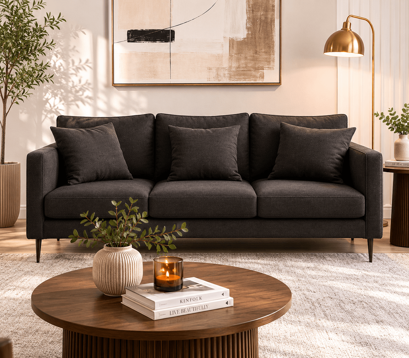 Luna Charcoal 3-Seater Sofa | Modern Linen Sofa Canada | Glara Home