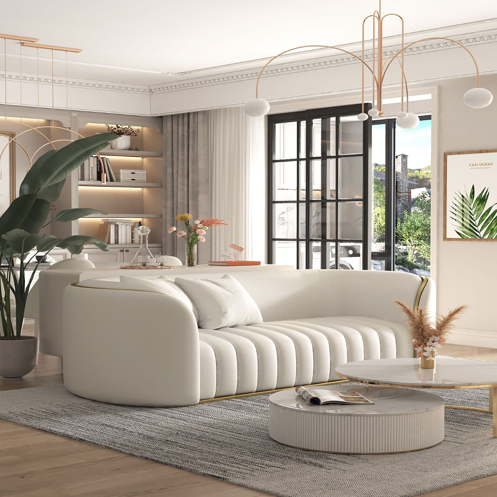LuxeCream Velvet Sofa with Gold Accents