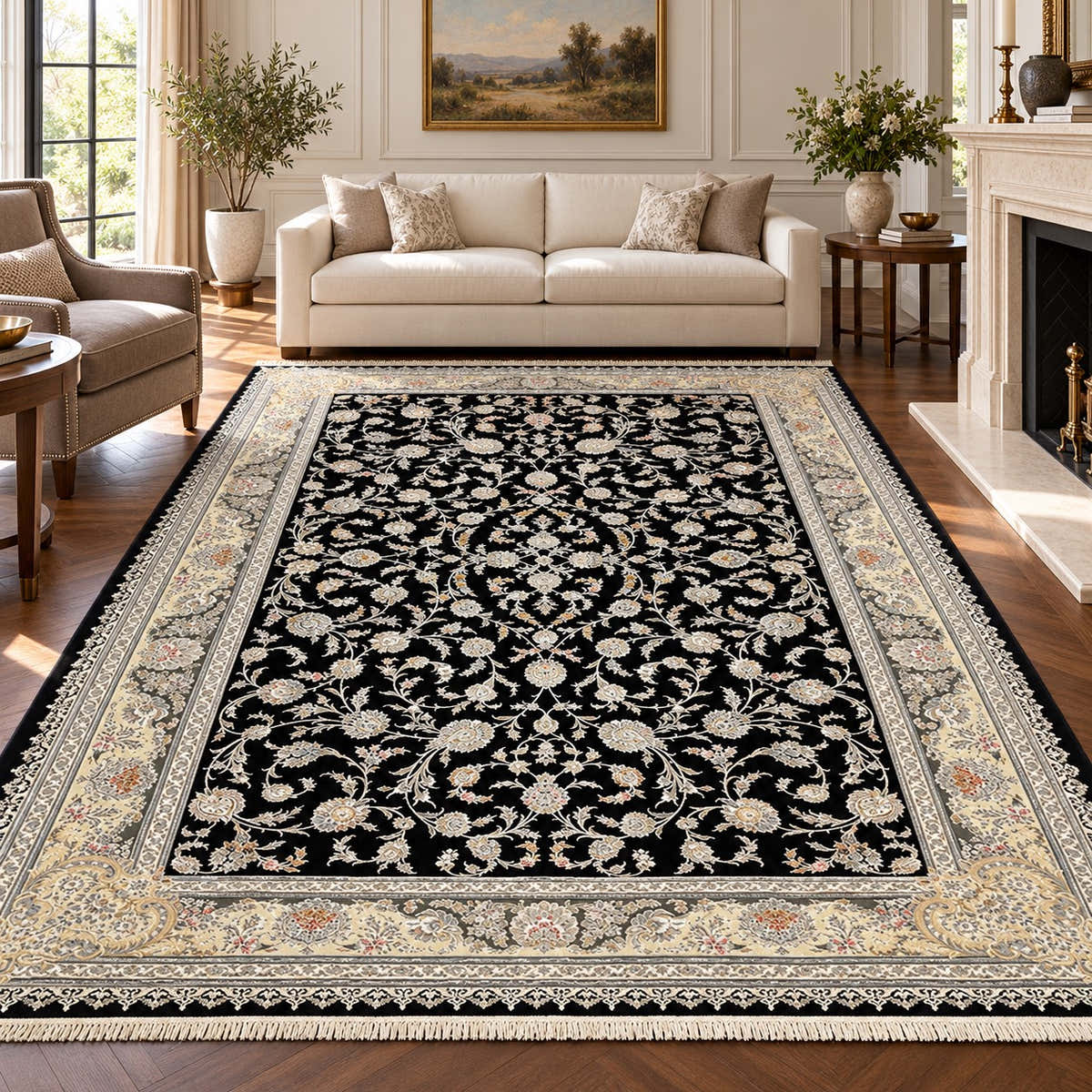Mehraban black Persian rug with cream floral vines and grey border in a digitally staged modern-classic living room