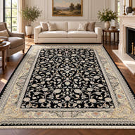 Mehraban black Persian rug with cream floral vines and grey border in a digitally staged modern-classic living room