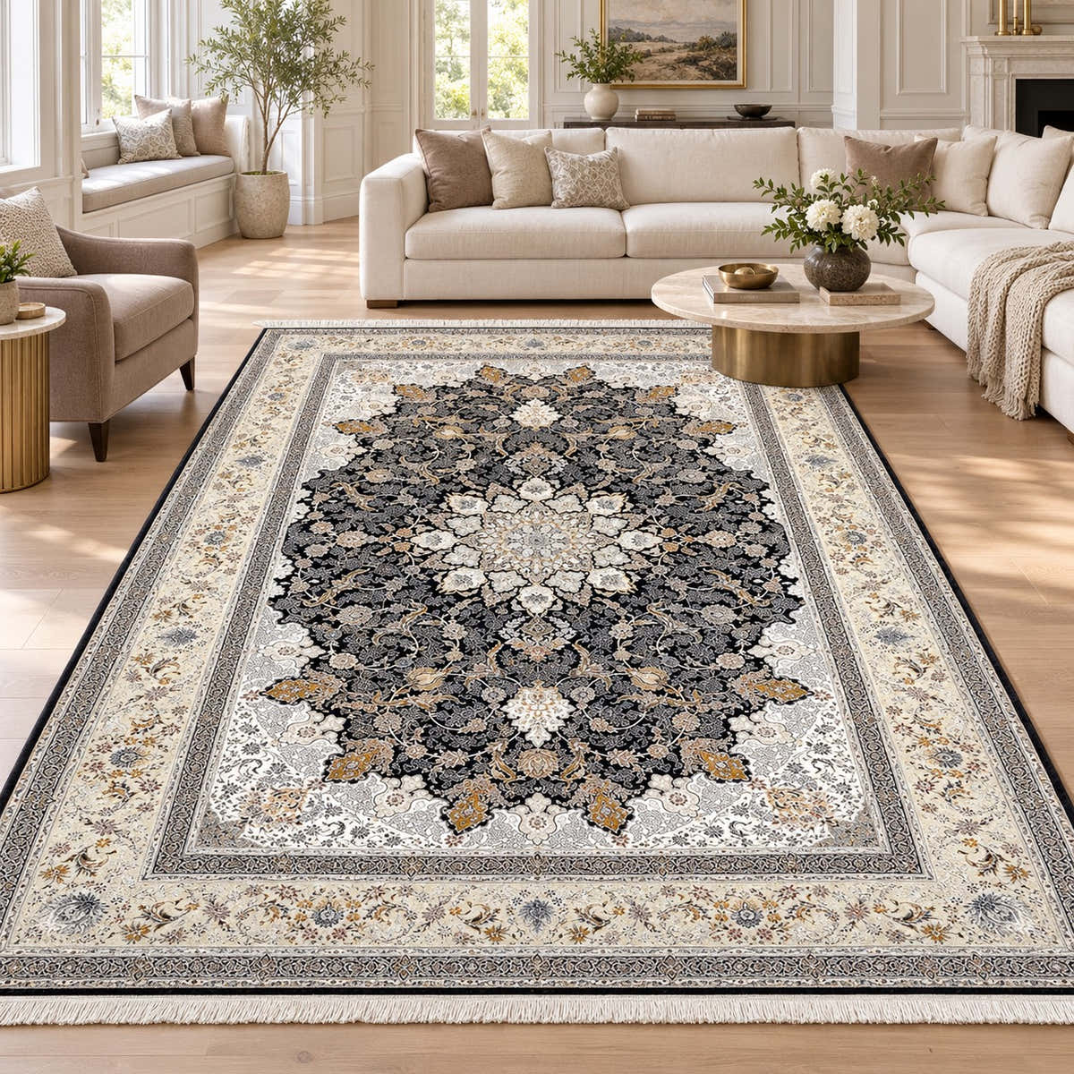Mina black and ivory Persian medallion rug with gold accents in a digitally staged modern-classic family room