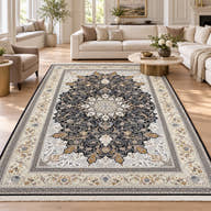 Mina black and ivory Persian medallion rug with gold accents in a digitally staged modern-classic family room