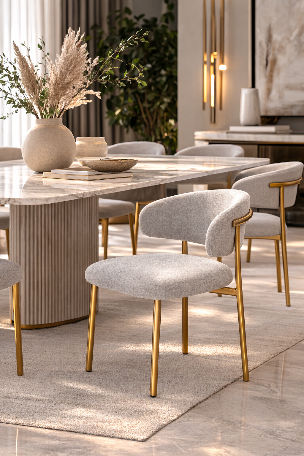 Dining room with marble table and gray chairs with gold legs.