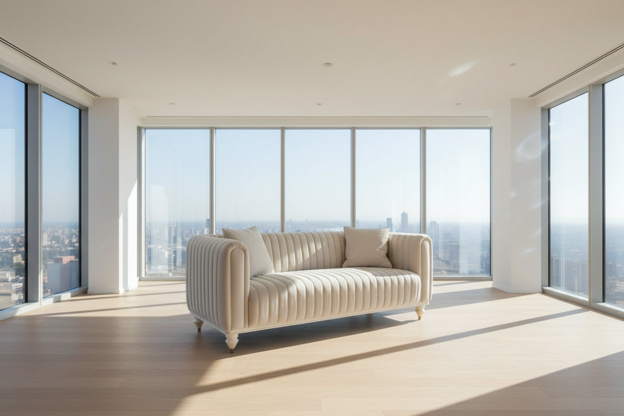 Beige sofa in a modern room with large windows and cityscape view