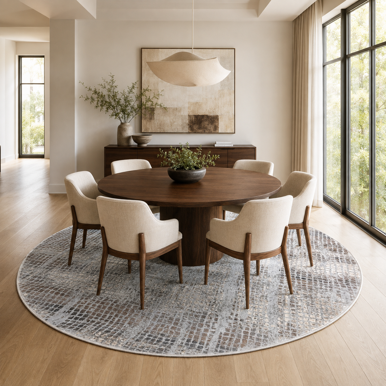 Modern light blue round area rug with distressed mosaic pattern