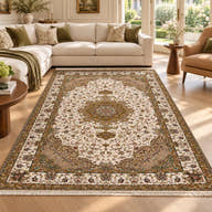 Oleia ivory Persian rug with gold and green floral medallion in a digitally staged modern-classic family room