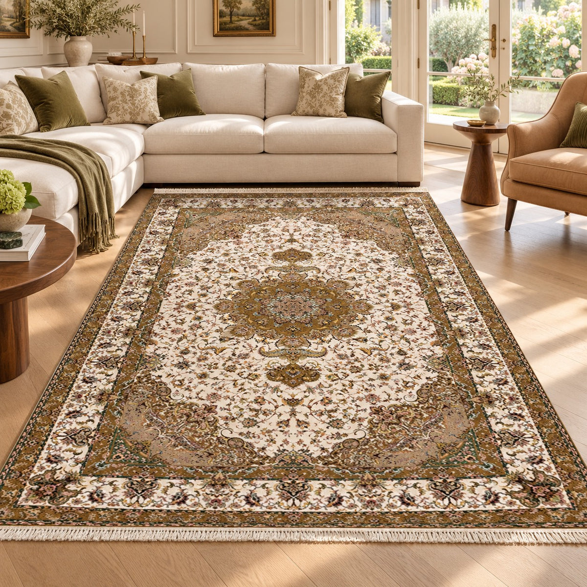 Oleia ivory Persian rug with gold and green floral medallion in a digitally staged modern-classic family room