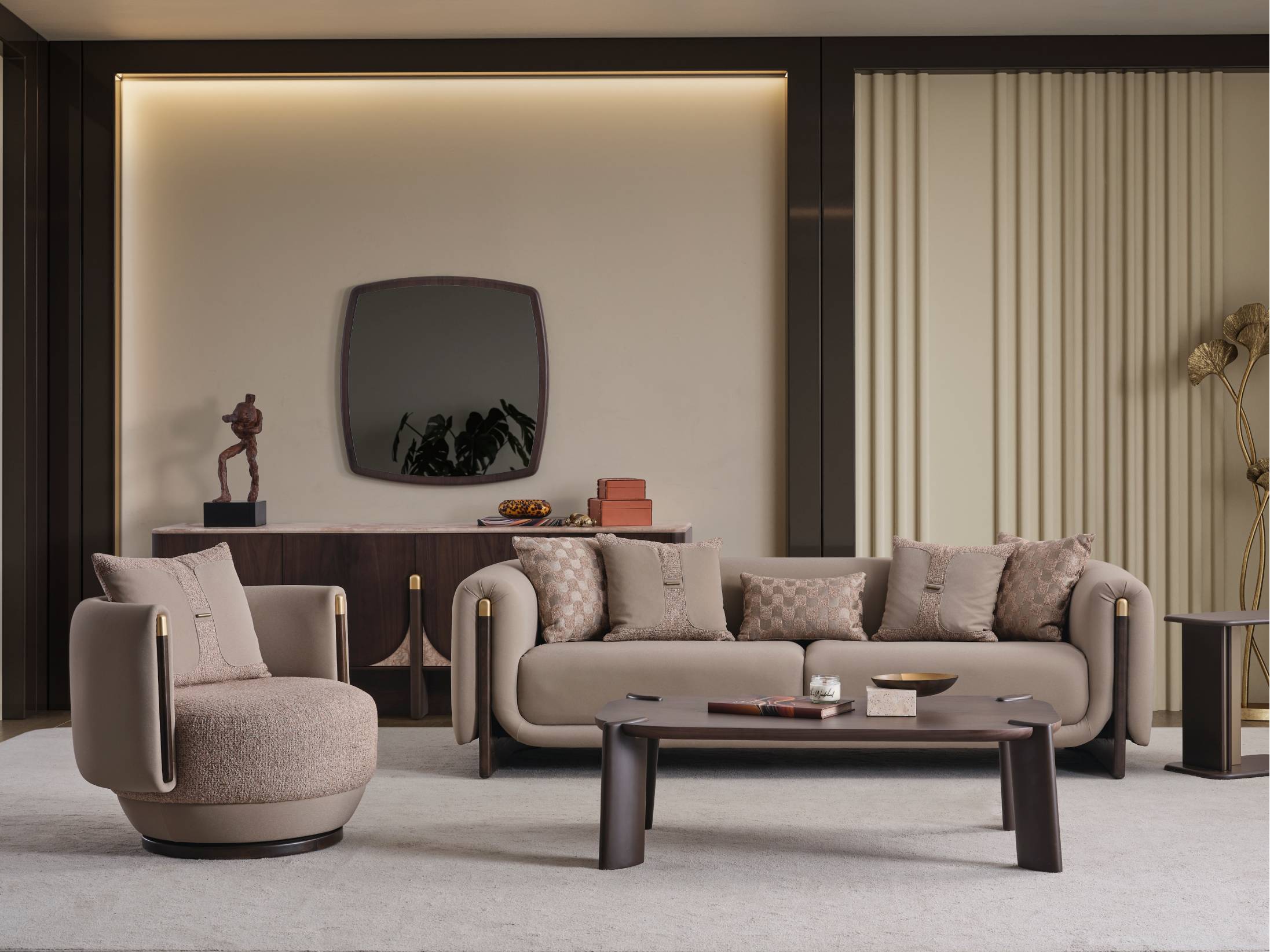 Orion luxury Turkish sofa in premium Bien and Miranda fabric with sculptural curved arms and brushed gold accents