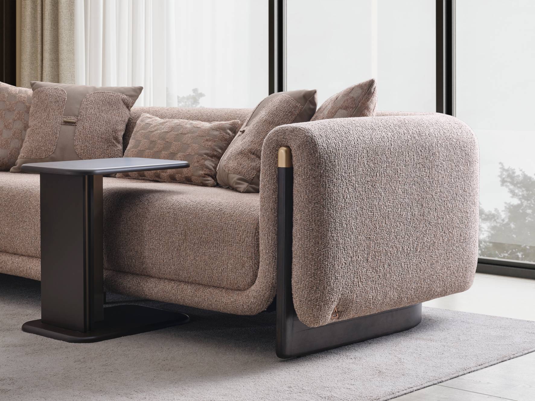 Close-up of Orion luxury sofa showing premium Bien fabric, Miranda upholstery, wood arm detail, and gold accents