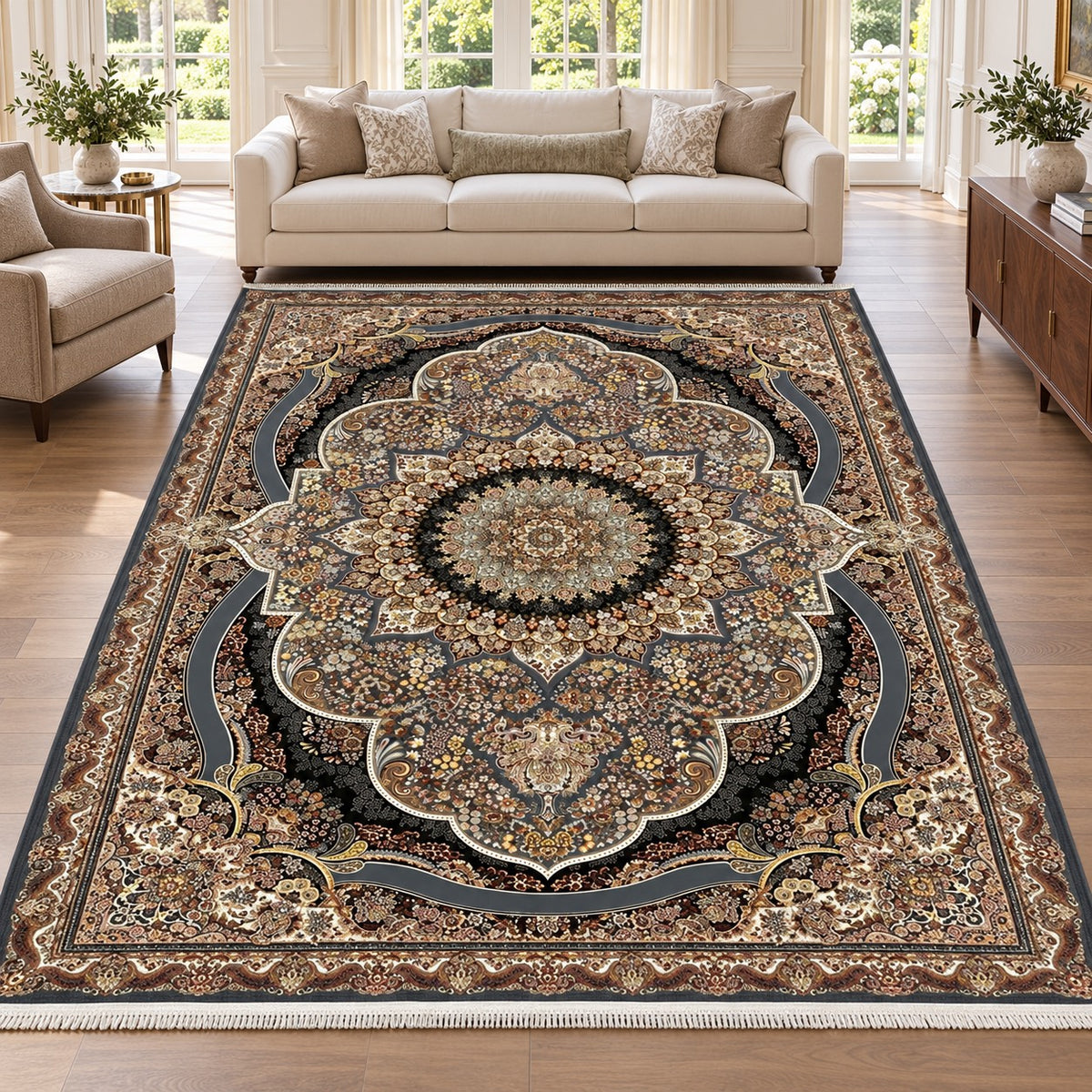 Parham charcoal Persian rug with ornate circular floral medallion and slate-grey outlines in a digitally staged modern-classic family room