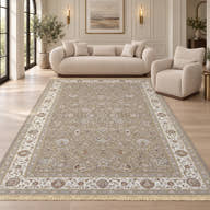 Parimah beige cream Persian rug with fine ivory-gold fringe, styled with Glara Florida curved sofa and accent chair in a digitally staged living room