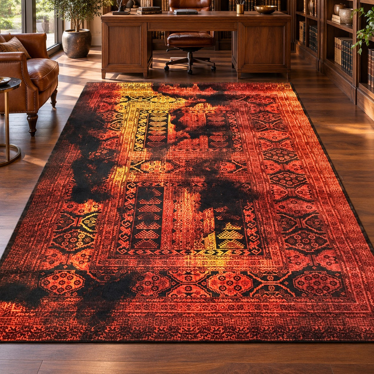 Qashqai vintage Persian rug code 227 in red, gold and black in a digitally staged modern-classic home office