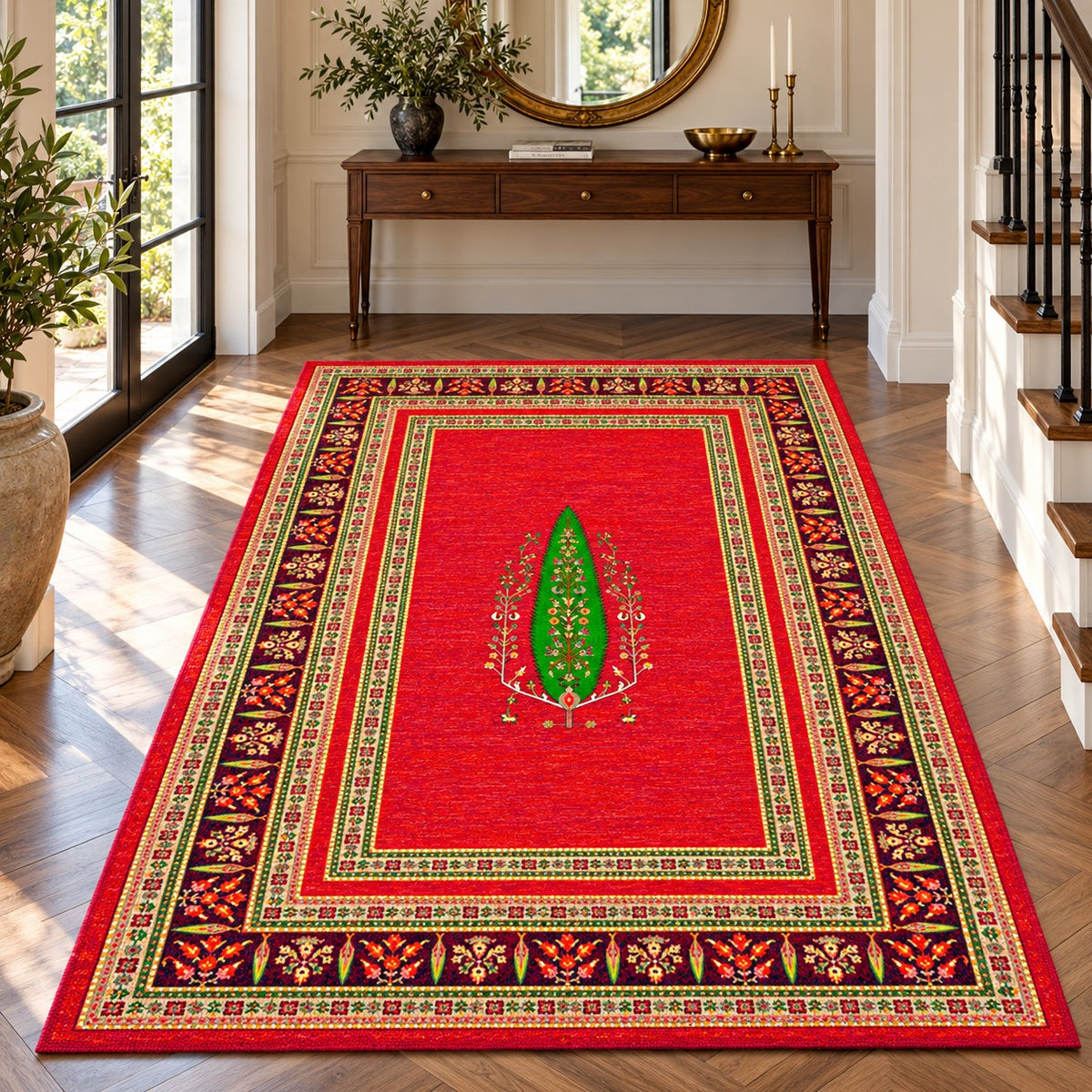 Qashqai red Persian rug code 240 with green cypress tree motif in a digitally staged modern-classic foyer