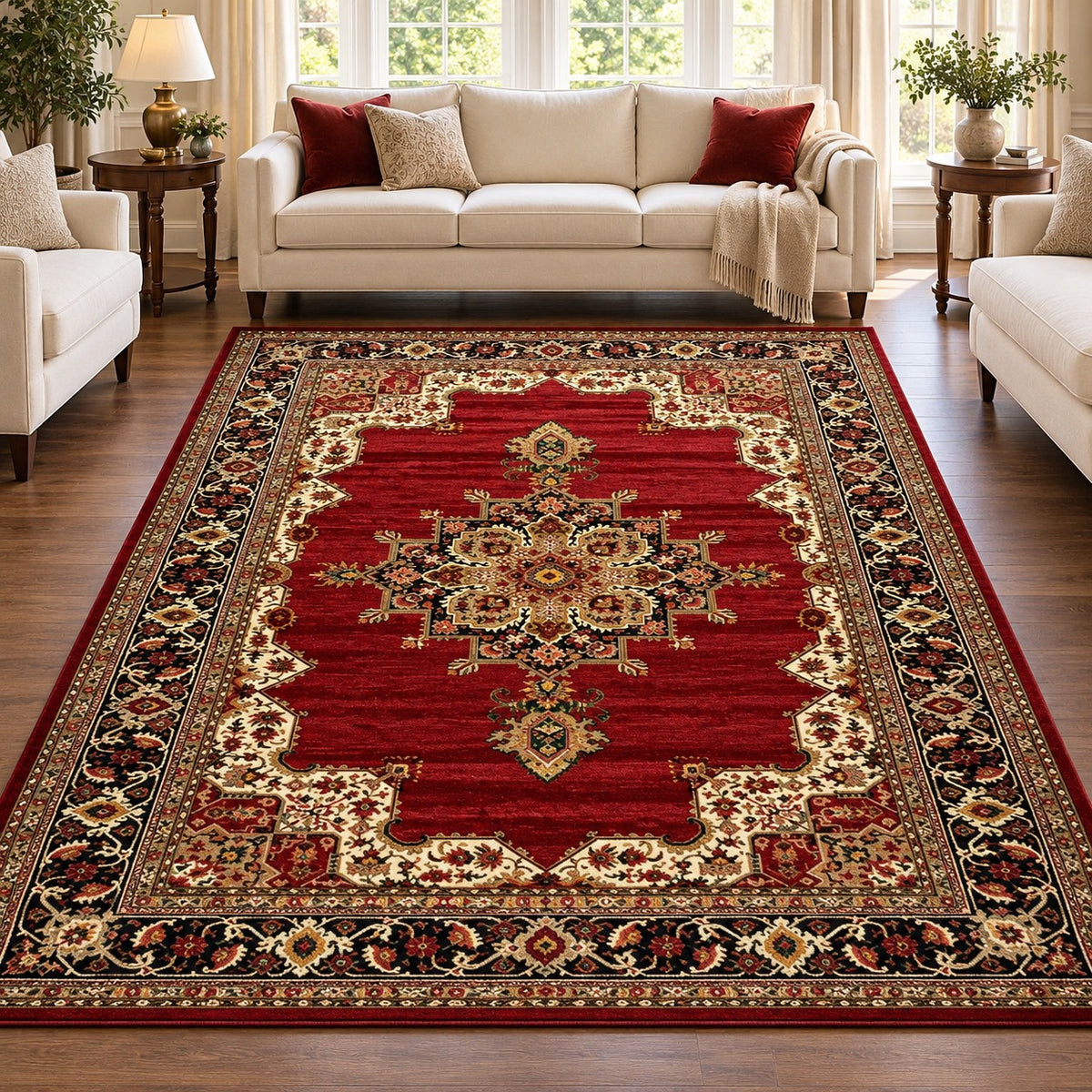 Qashqai red Persian rug code 254 with gold medallion and cream corners in a digitally staged modern-classic living room