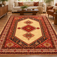 Qashqai Persian rug code 261 with gold field and red diamond medallions in a digitally staged modern-classic living room