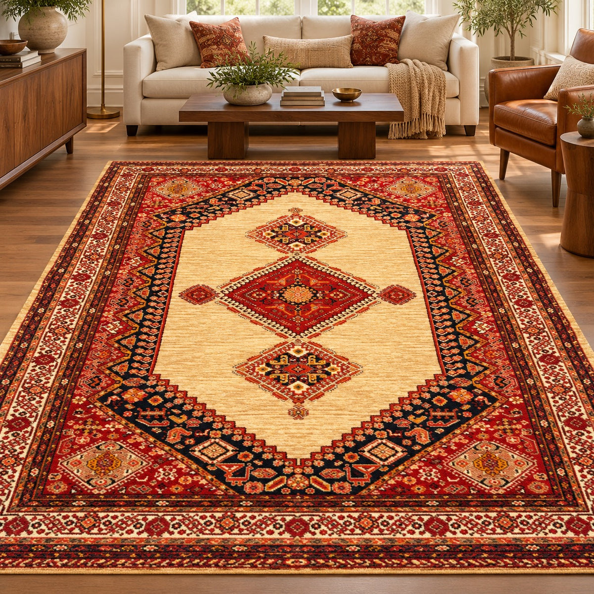 Qashqai Persian rug code 261 with gold field and red diamond medallions in a digitally staged modern-classic living room