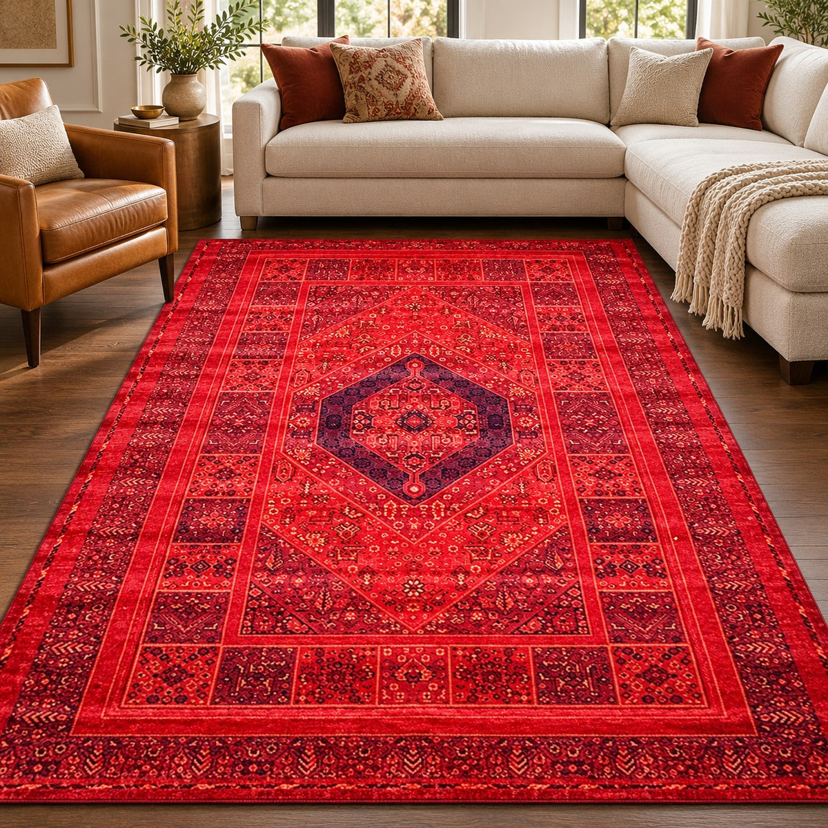 Qashqai red Persian rug code 267 with dark diamond medallion in a digitally staged modern-classic family room