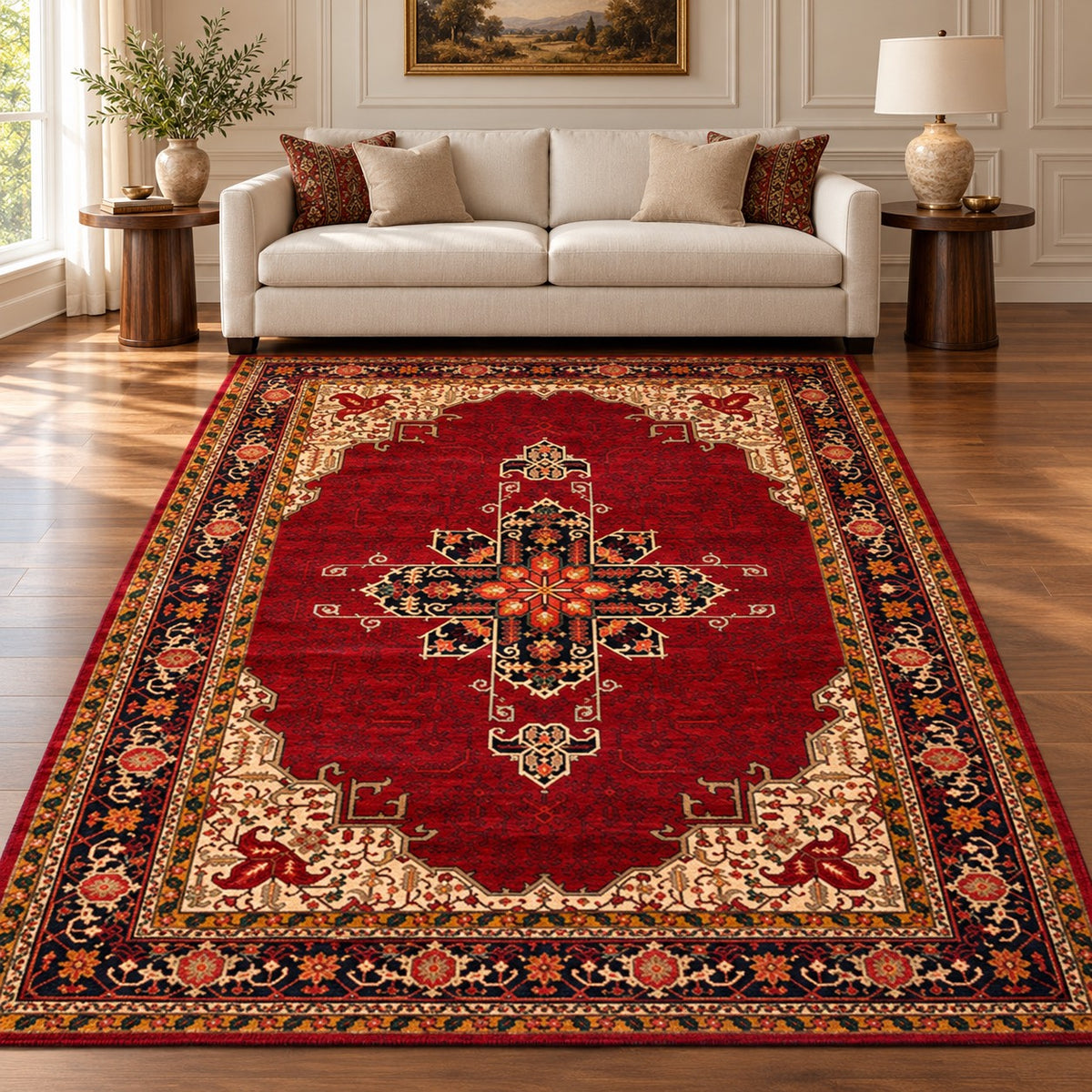 Qashqai red Persian rug code 280 with cream corners in a digitally staged modern-classic living room