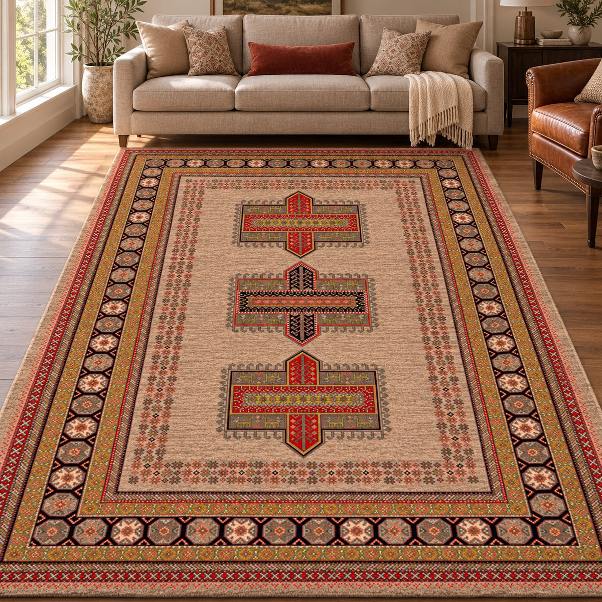 Qashqai beige Persian rug code 286 with three red and black geometric medallions in a digitally staged modern-classic family room