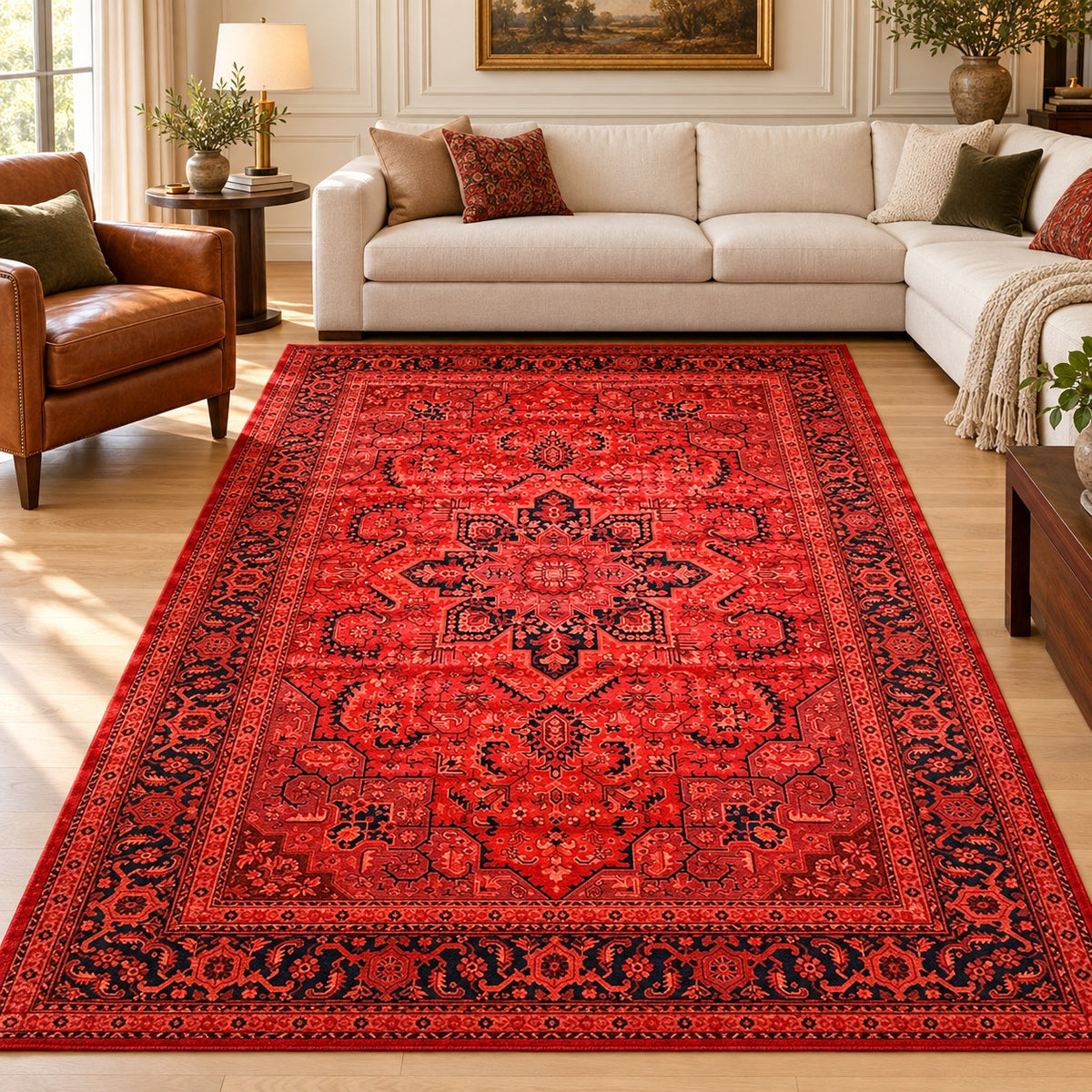 Qashqai Red Persian rug code 147 with dark geometric medallion in a digitally staged modern-classic family room