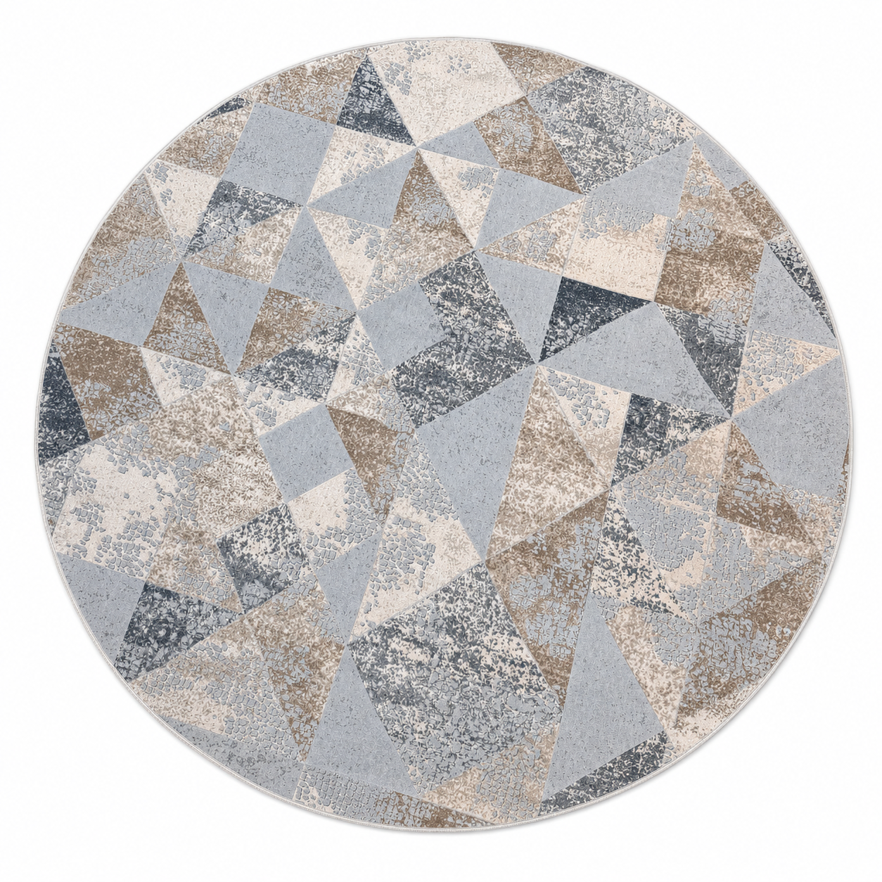 A round area rug featuring a modern geometric pattern of triangles and polygons in shades of light blue, beige, gray, and brown, shown from a top-down view on a white background.