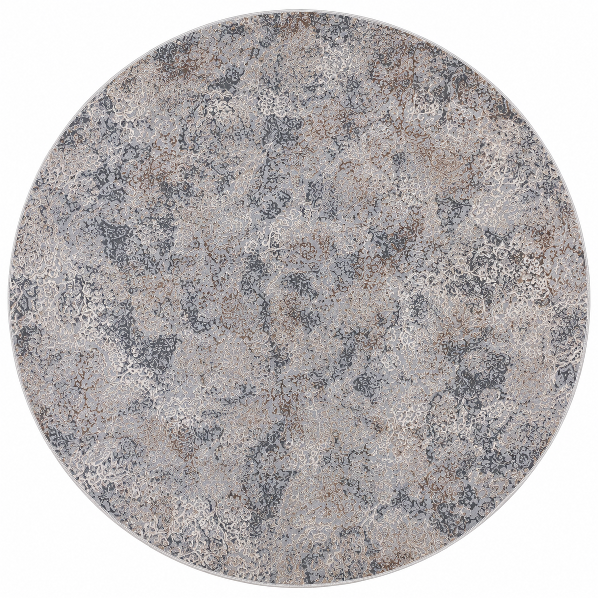 A round area rug with an abstract, mottled pattern in shades of gray, beige, and white, isolated on a white background.