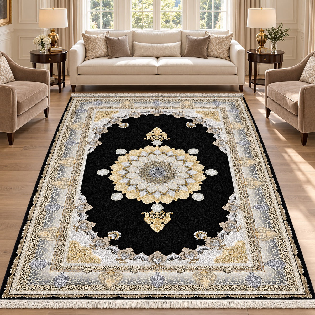 Rozhan black Persian rug with ivory and gold floral medallion and grey border in a digitally staged modern-classic living room