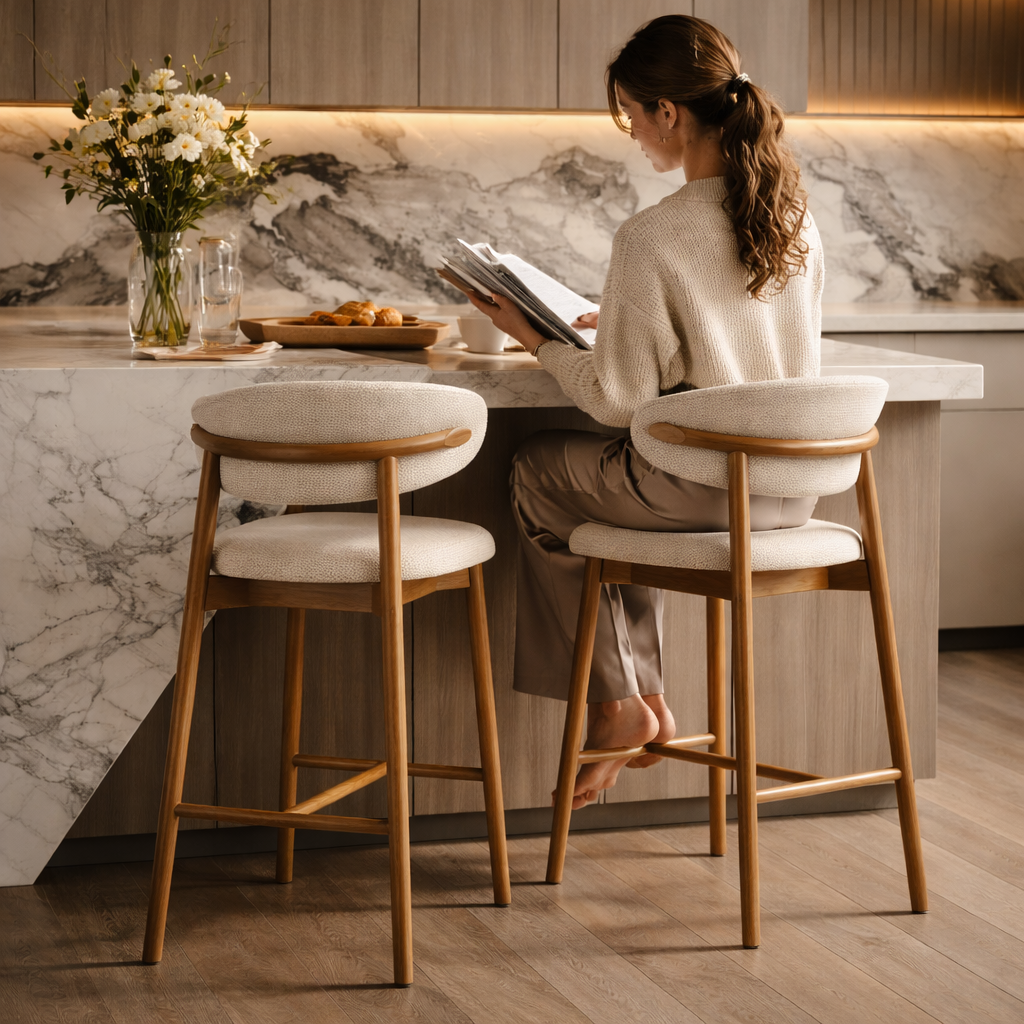 modern walnut bar stools with linen upholstery at marble kitchen island