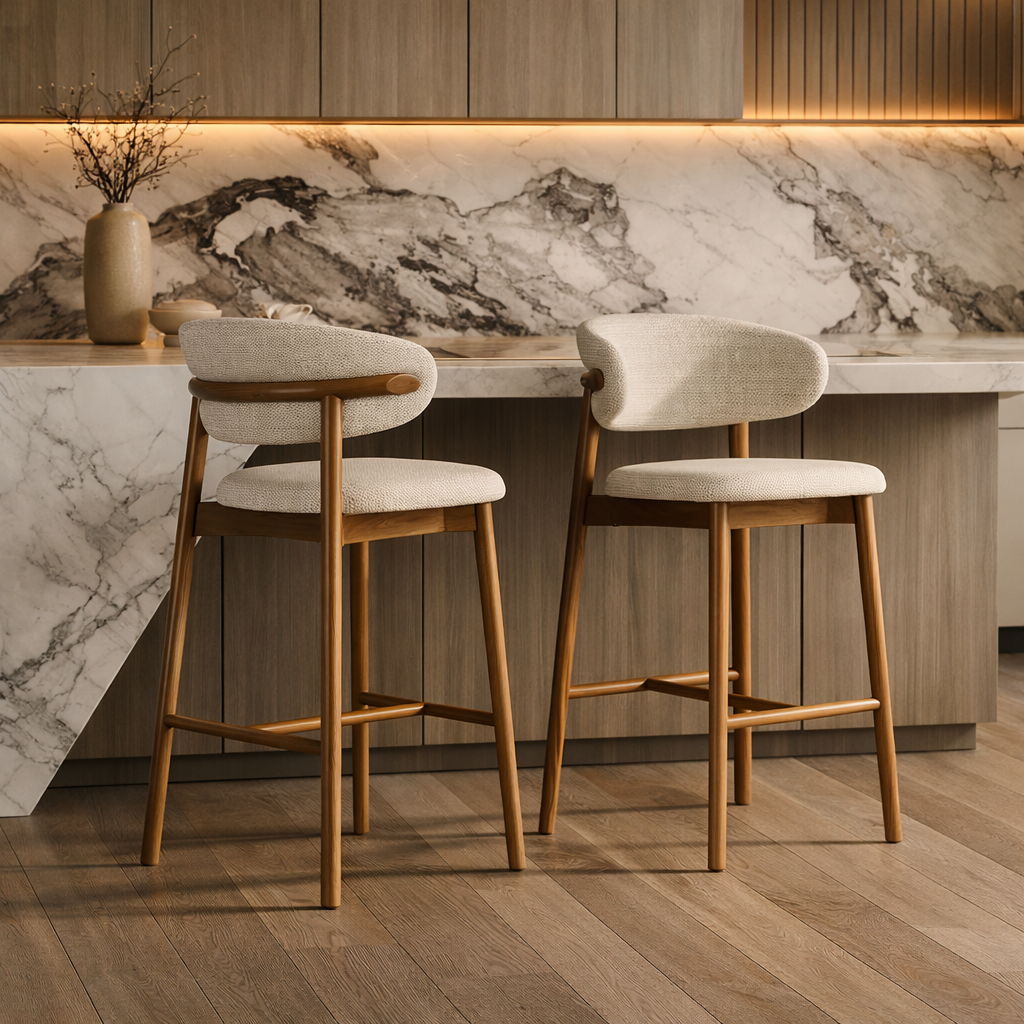 Two bar stools with wooden frames and white cushioned seats in front of a marble countertop.