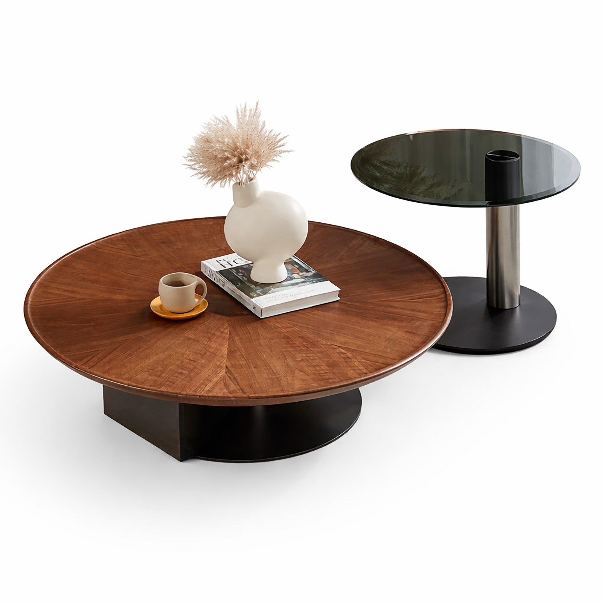 Solara Walnut Round Coffee Table Set with Glass Side Table - GLARA HOME