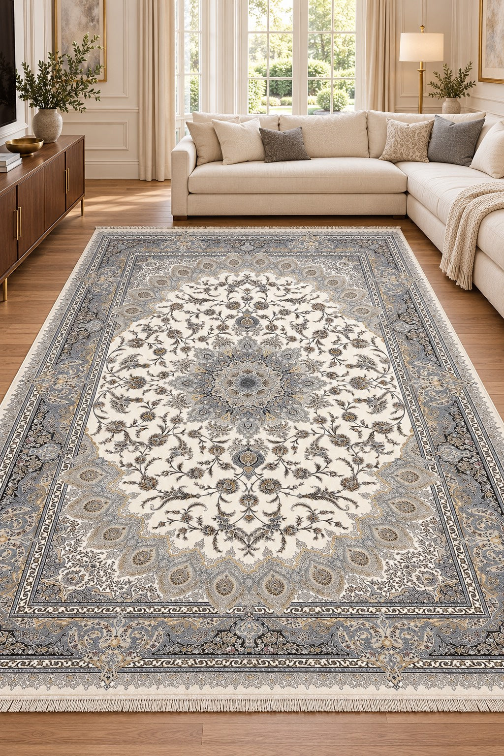 Tida ivory Persian rug with grey floral medallion and paisley border in a digitally staged modern-classic family room
