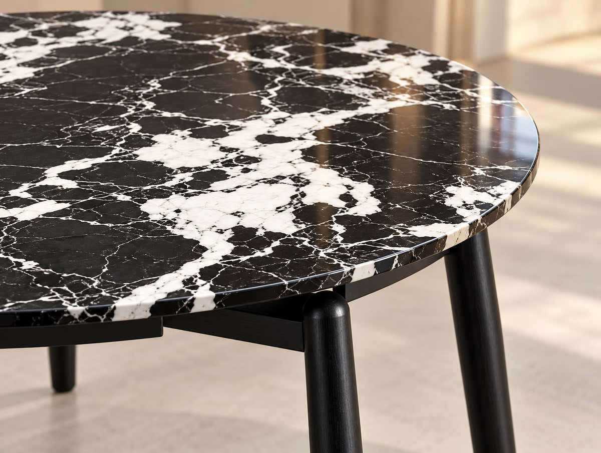 Vellaro Black & White Round Dining Table – TT207 – surface and upholstery close-up