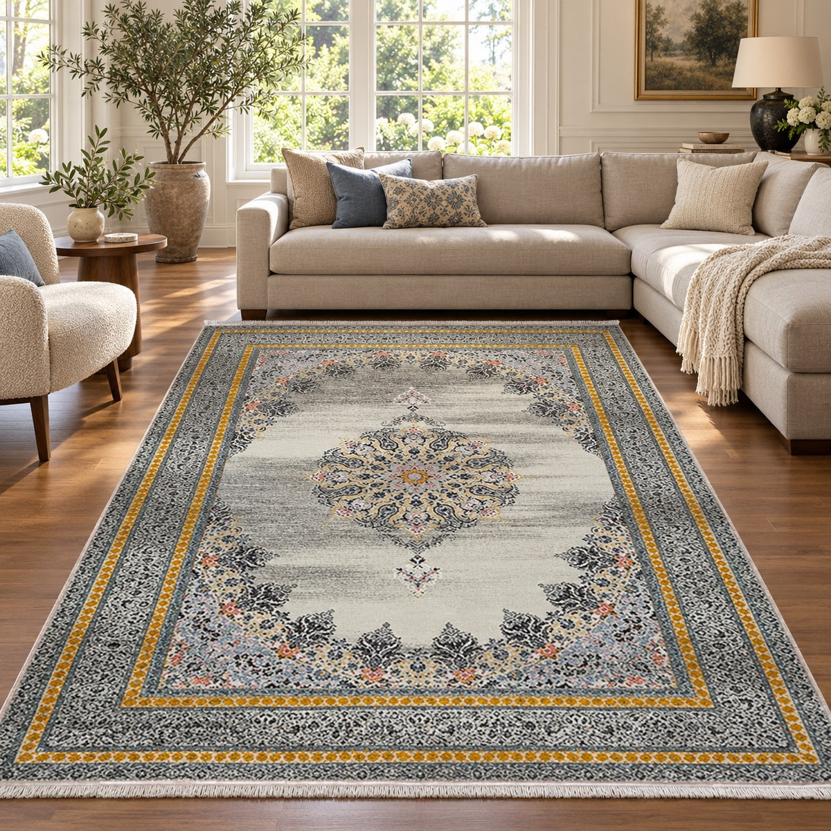 Vintage 1022 grey and ivory Persian rug with gold border in a digitally staged modern-classic family room