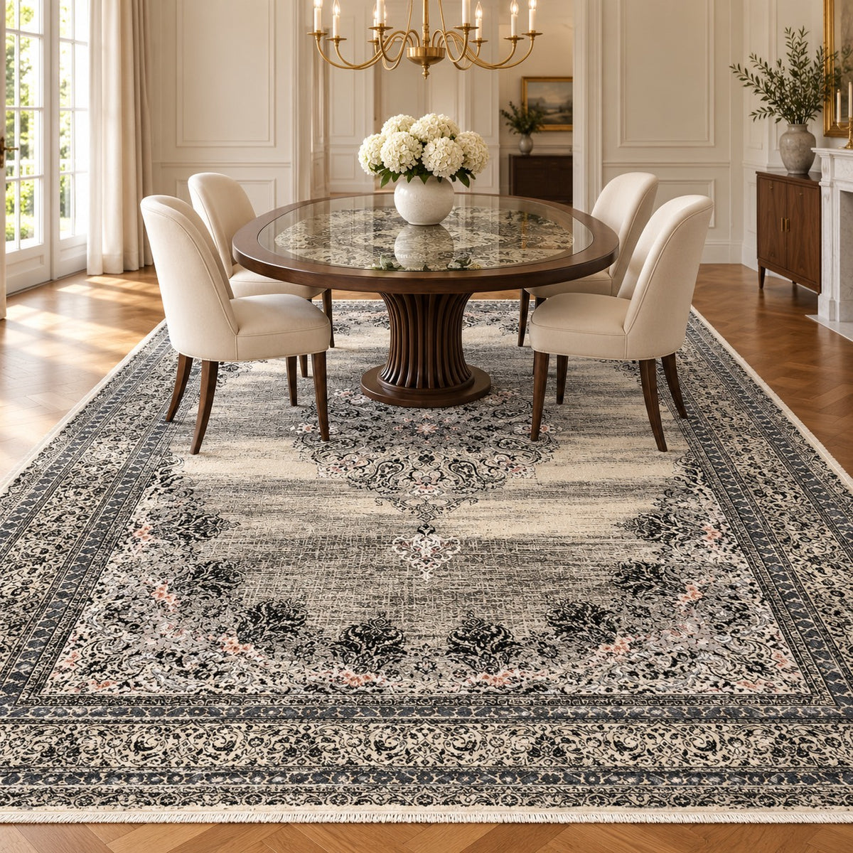 Vintage 1023 ivory and grey Persian medallion rug in a digitally staged modern-classic dining room