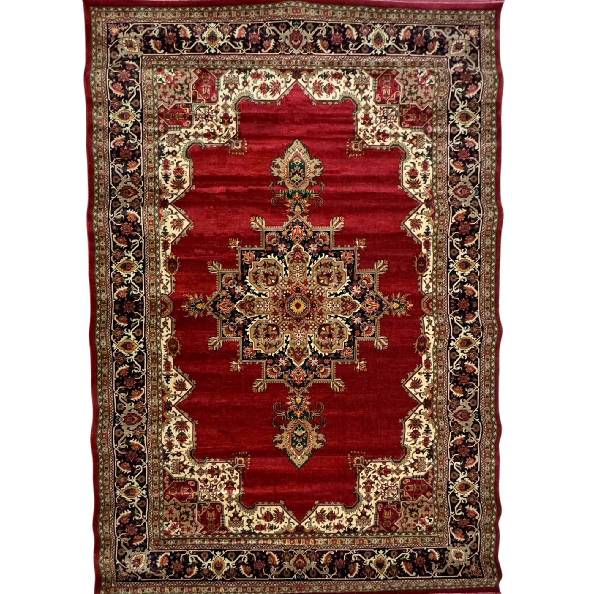 Decorative red rug with intricate patterns on a white background