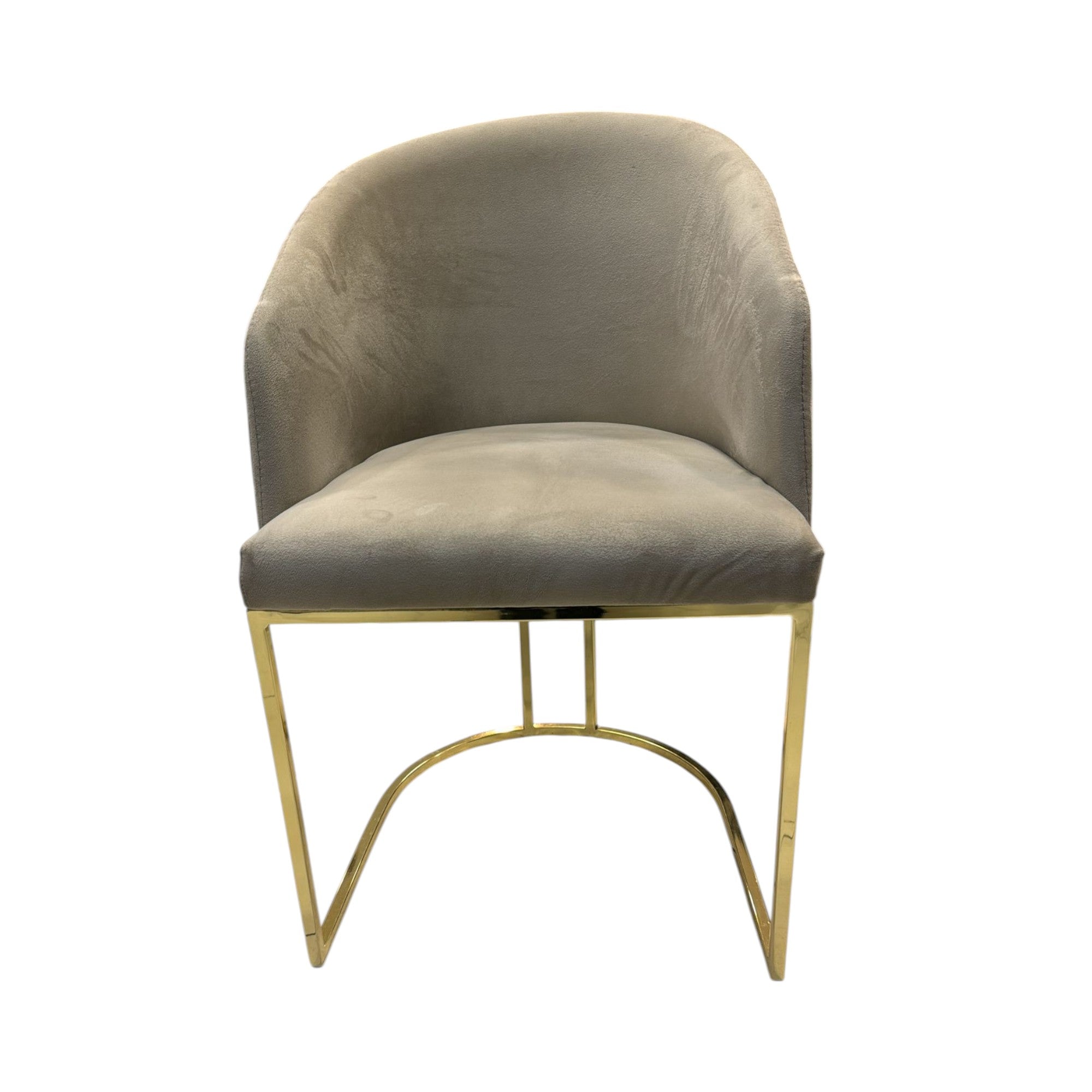 Gray upholstered chair with gold metal legs on a white background