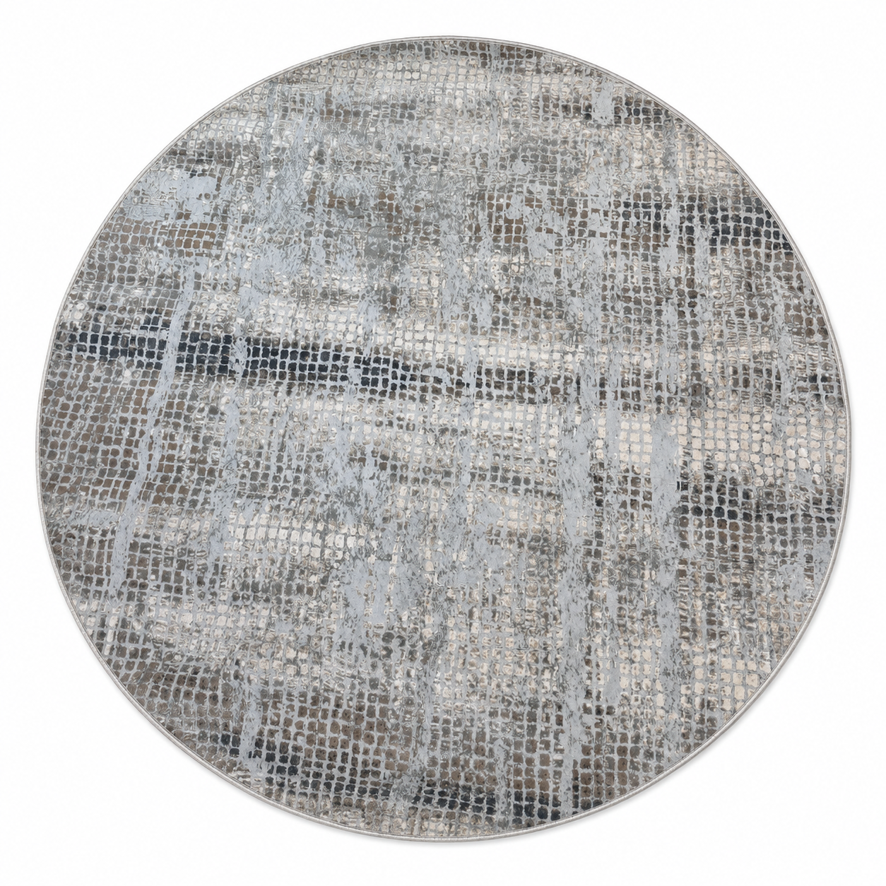 A round area rug featuring an abstract, distressed reptile or crocodile skin pattern in shades of gray, silver, beige, and white, presented on a solid white background.