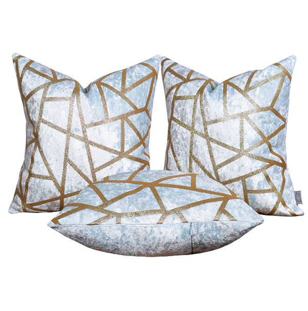 Luxury Cloud Velvet Throw Pillow Cover (Light Blue & Gold Cushion Cover)