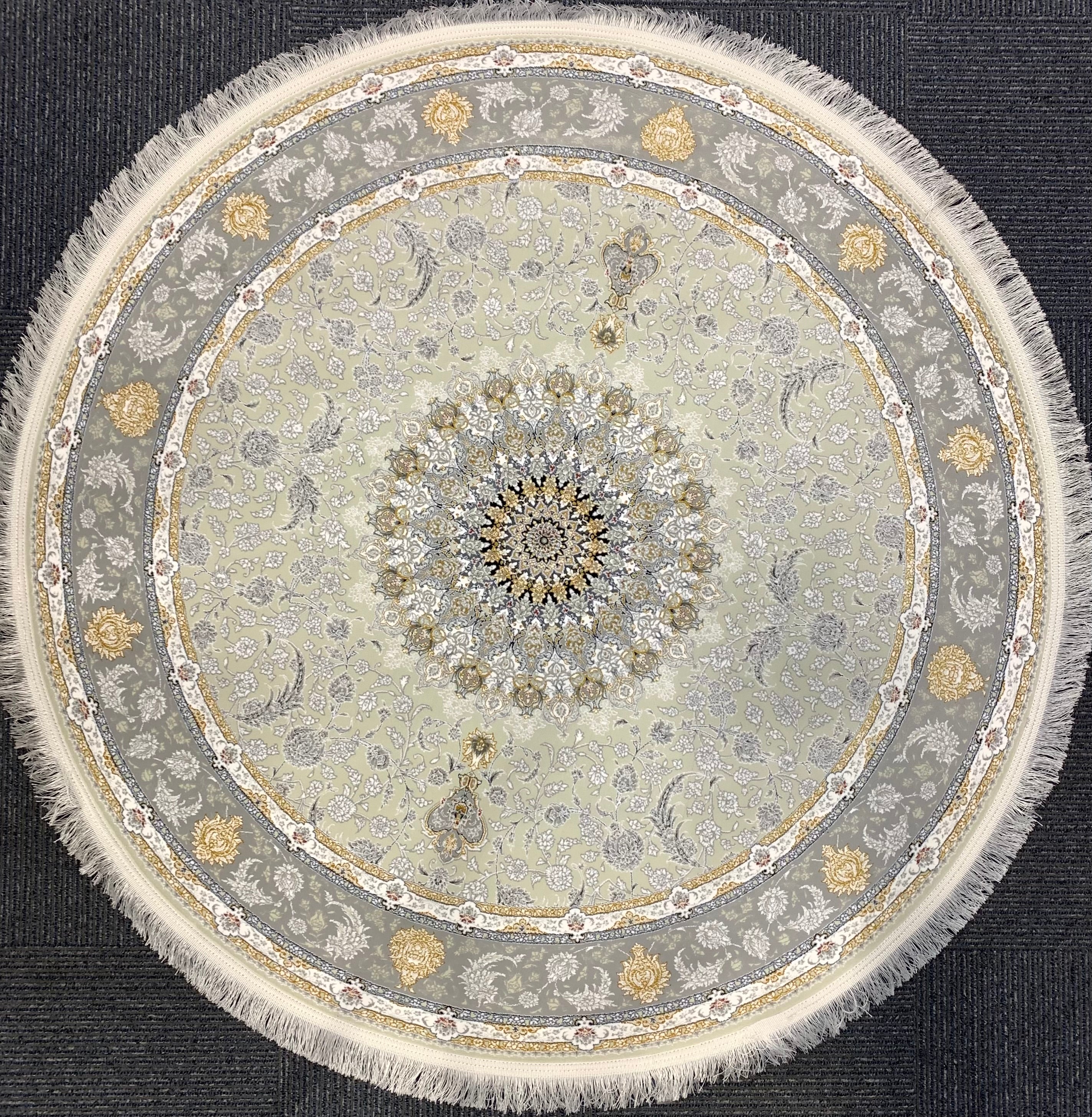 Isfahan Cream Round Rug, Contemporary Grey Gold Runner Persian Area Rug