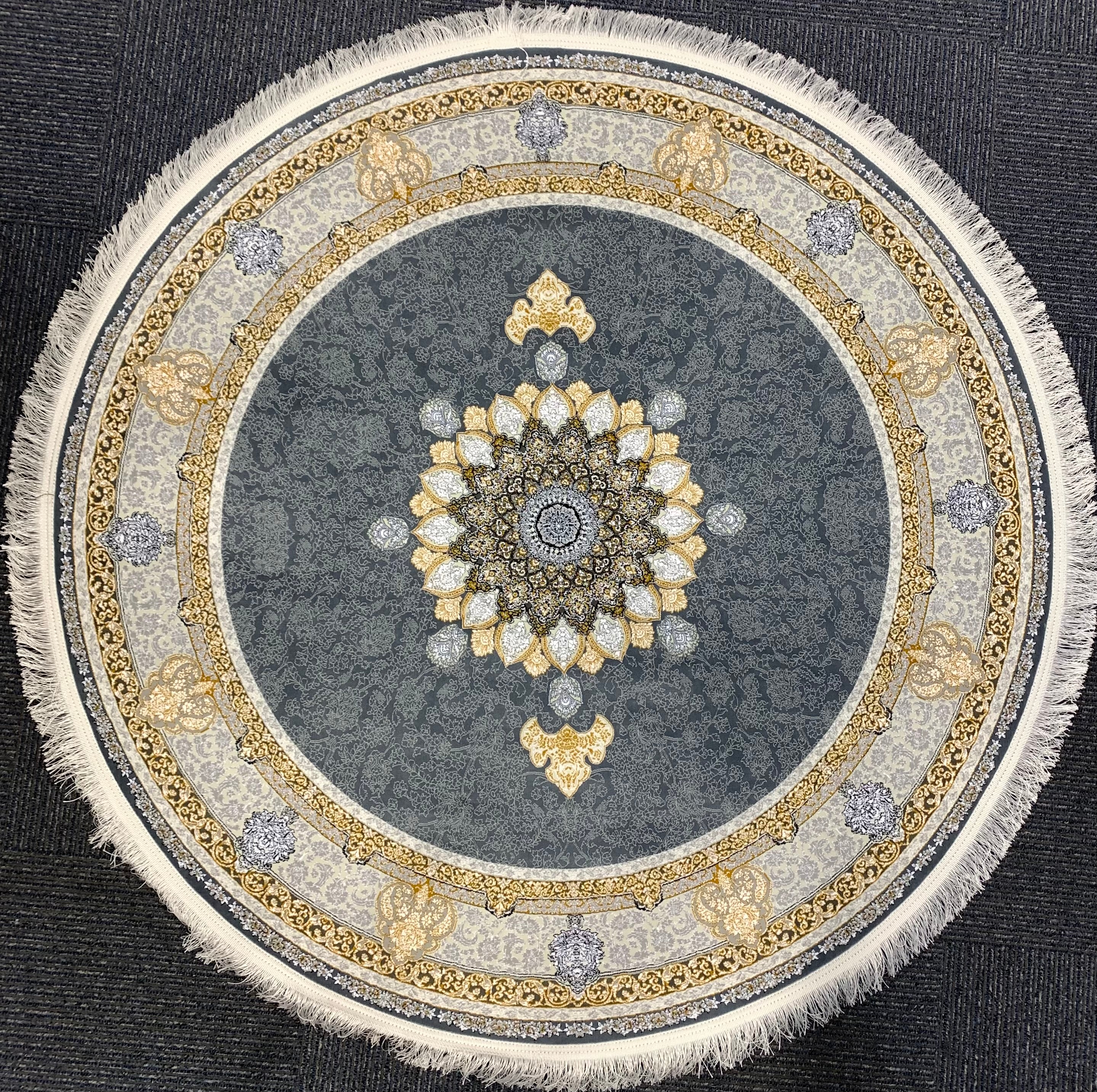 Rozhan Dolphin Round Rug, Grey & Gold Persian Rugs