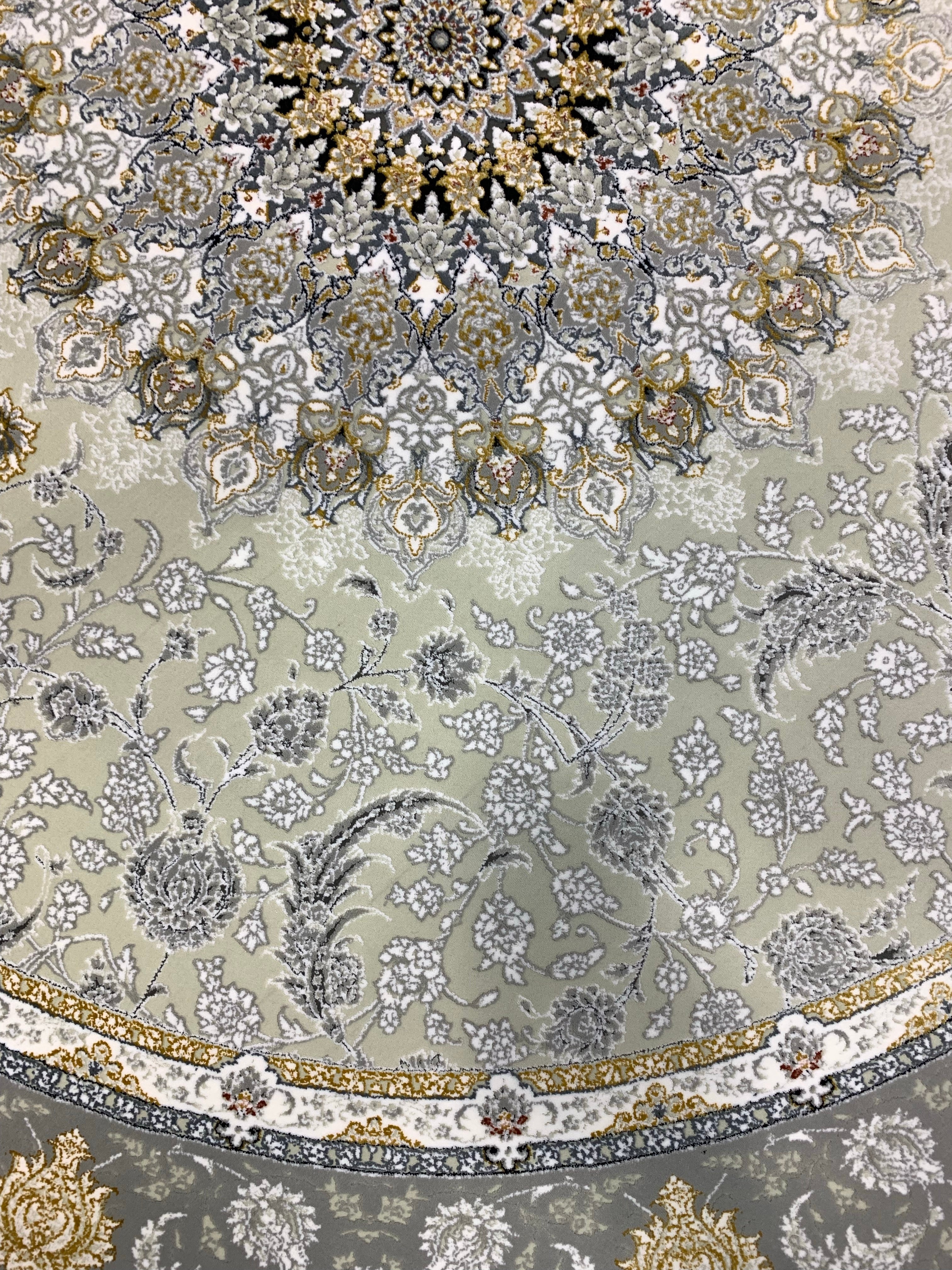 Isfahan Cream Round Rug, Contemporary Grey Gold Runner Persian Area Rug
